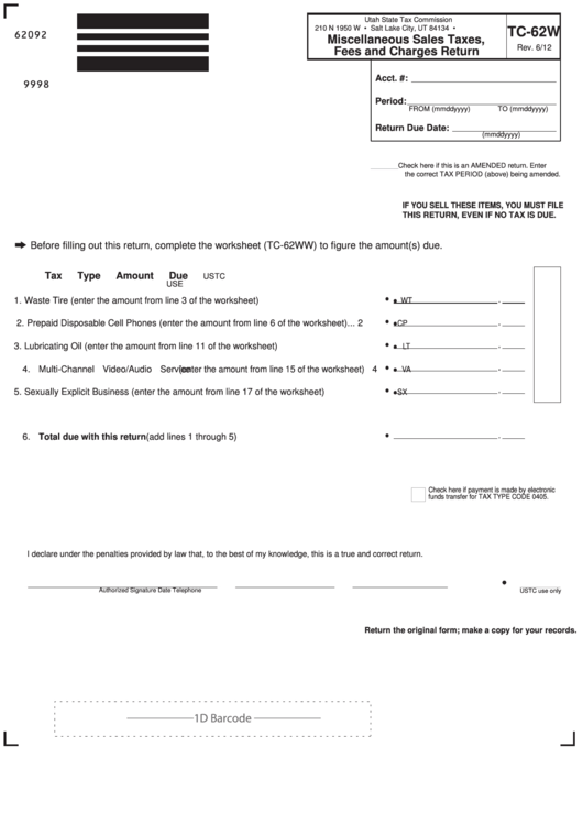Fillable Form Tc-62w - Miscellaneous Sales Taxes, Fees And Charges Return Printable pdf