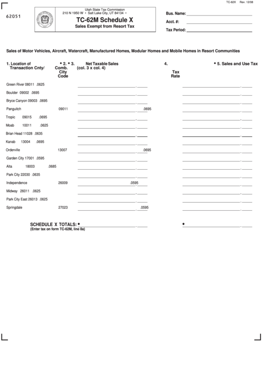 Fillable Form Tc-62m - Schedule X - Sales Exempt From Resort Tax Printable pdf