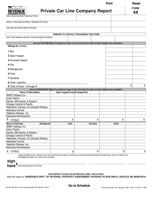 Fillable Form 44 - Private Car Line Company Report Printable pdf
