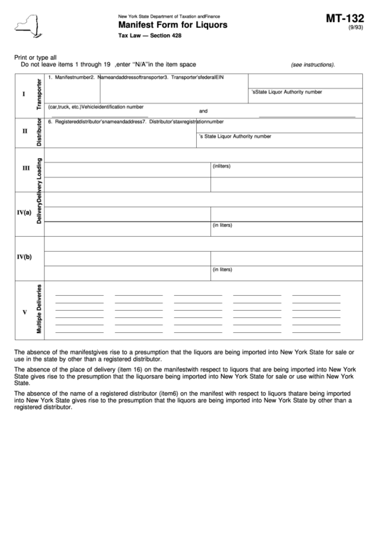 Form Mt-132 - Manifest Form For Liquors Printable pdf