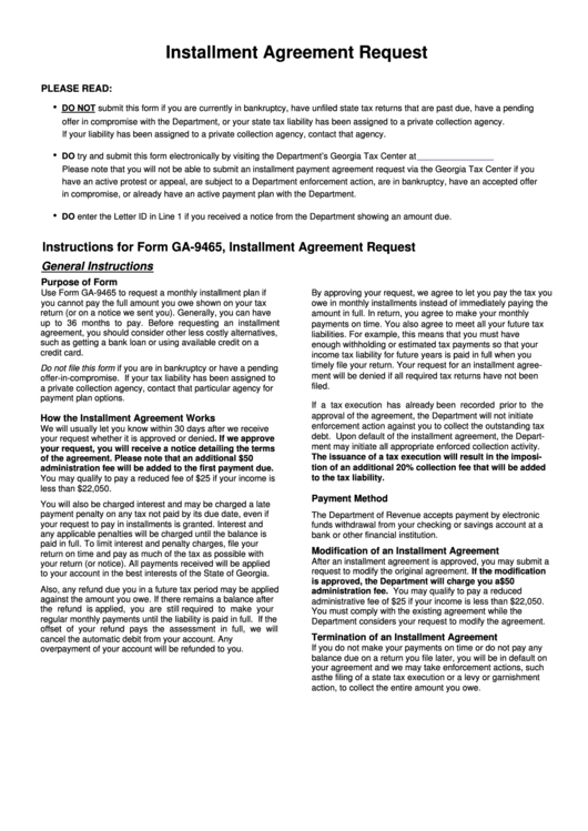 Fillable Form Ga-9465 - Installment Agreement Request Printable pdf