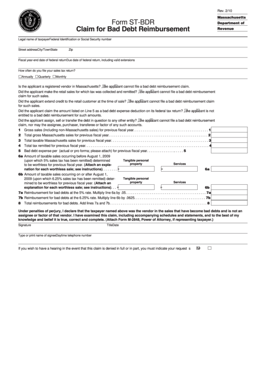 Fillable Form St-Bdr - Claim For Bad Debt Reimbursement Printable pdf