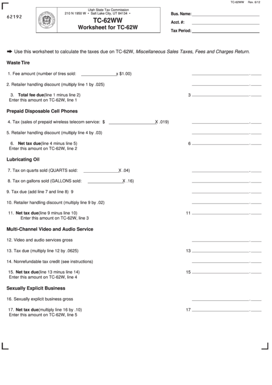 Fillable Form Tc-62ww - Worksheet For Tc-62w Printable pdf