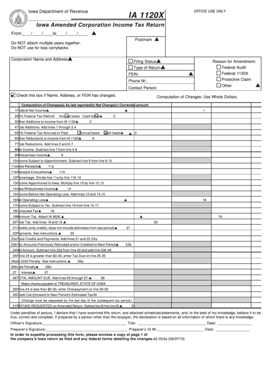 Fillable Form Ia 1120x - Iowa Amended Corporation Income Tax Return Printable pdf