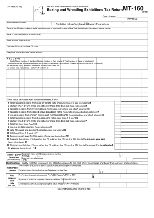 Form Mt-160 - Boxing And Wrestling Exhibitions Tax Return Printable pdf