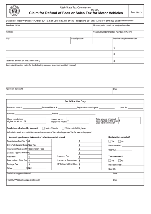Fillable Form Tc-55a - Claim For Refund Of Fees Or Sales Tax For Motor Vehicles Printable pdf