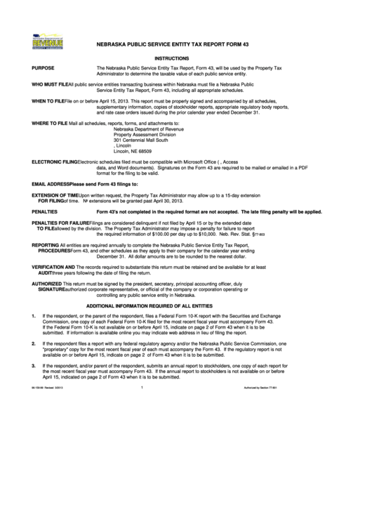 Fillable Form 43 - Nebraska Public Service Entity Tax Report Printable pdf