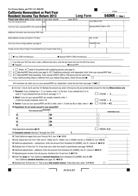 Fillable Long Form 540nr - California Nonresident Or Part-Year Resident Income Tax Return - 2013 Printable pdf
