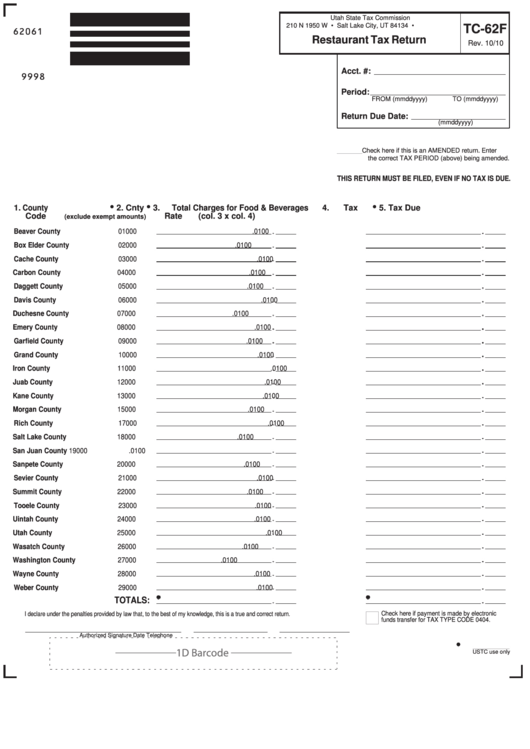 Fillable Form Tc-62f - Restaurant Tax Return Printable pdf