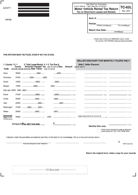 Fillable Form Tc-62l - Motor Vehicle Rental Tax Return Printable pdf