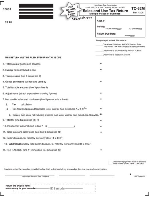 Fillable Form Tc-62m - Sales And Use Tax Return Printable pdf