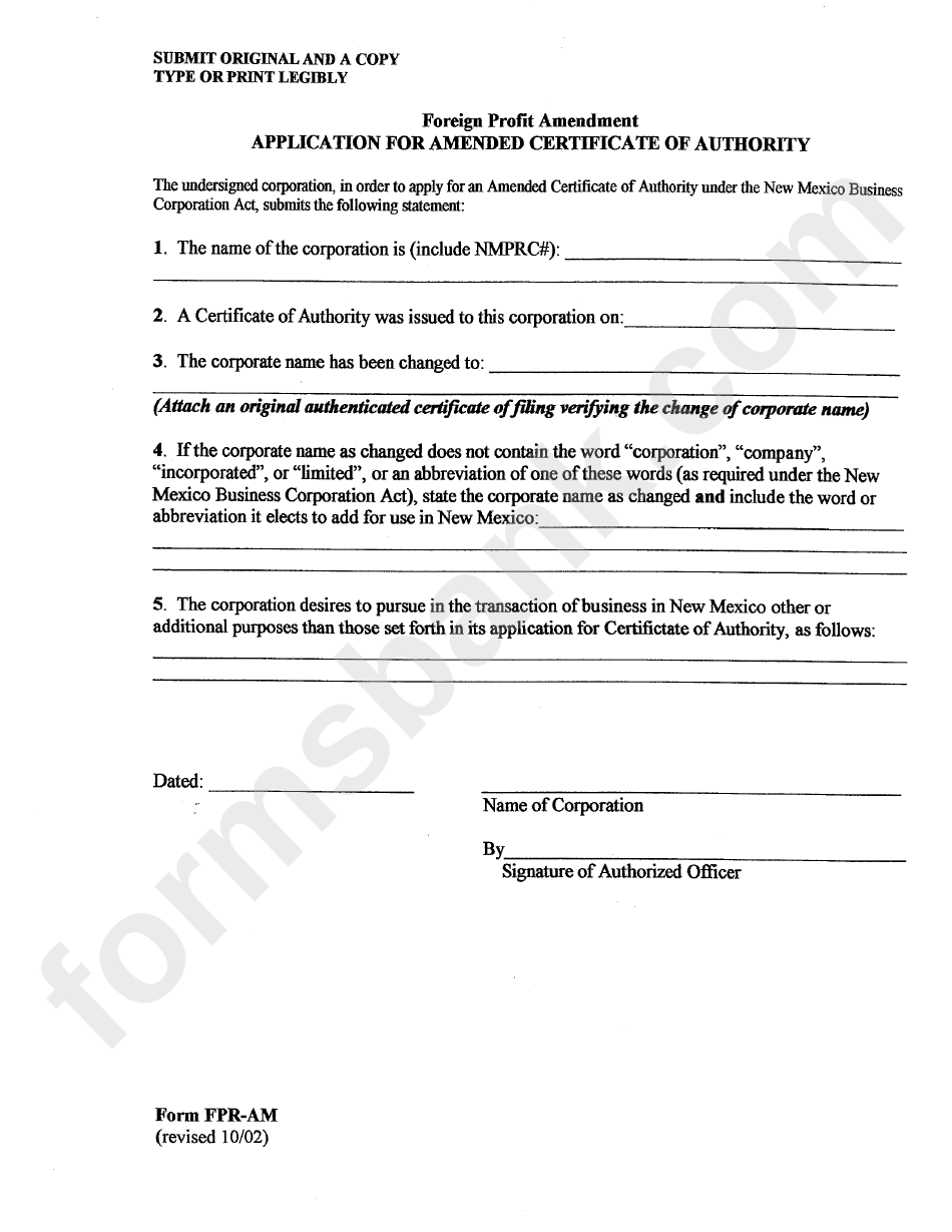 Form Fpr-Am - Foreign Profit Amendment Application For Amended Certificate Of Authority