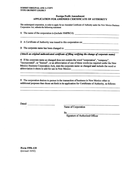 Form Fpr-Am - Foreign Profit Amendment Application For Amended Certificate Of Authority Printable pdf