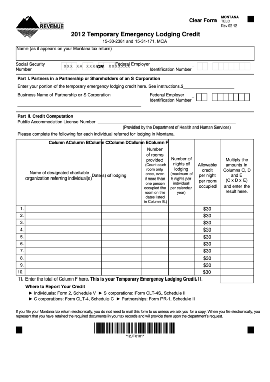 Fillable Form Telc - Temporary Emergency Lodging Credit - 2012 Printable pdf