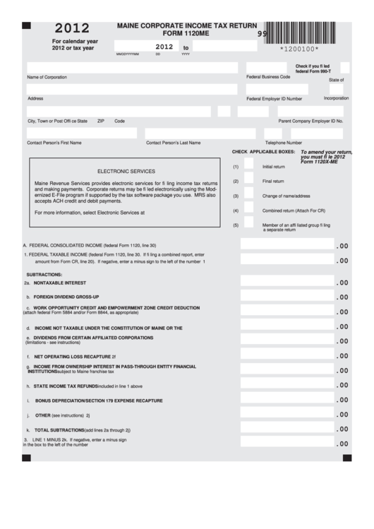 Fillable Form 1120me - Maine Corporate Income Tax Return - 2012 Printable pdf