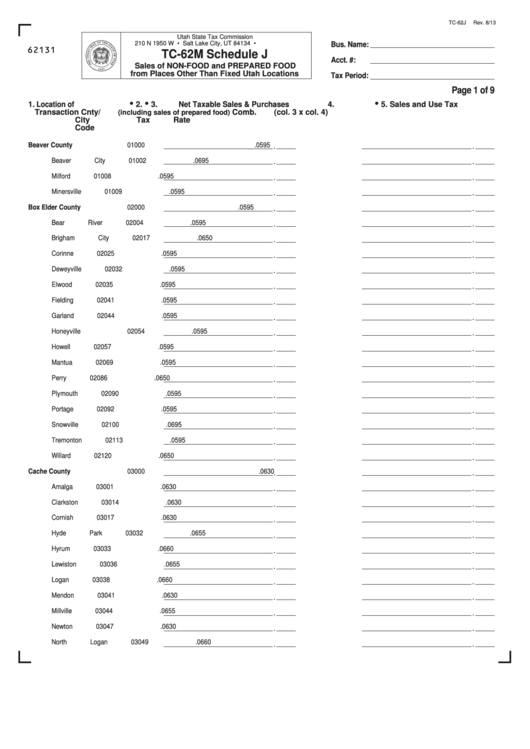 Fillable Form Tc-62m - Schedule J - Sales Of Non-Food And Prepared Food From Places Other Than Fixed Utah Locations Printable pdf