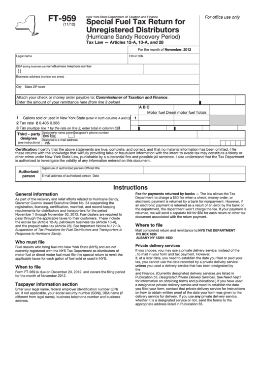Form Ft-959 - Special Fuel Tax Return For Unregistered Distributors Printable pdf