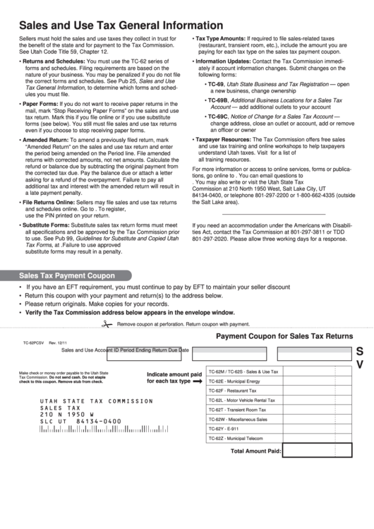 Fillable Form Tc-62pcsv - Payment Coupon For Sales Tax Returns Printable pdf