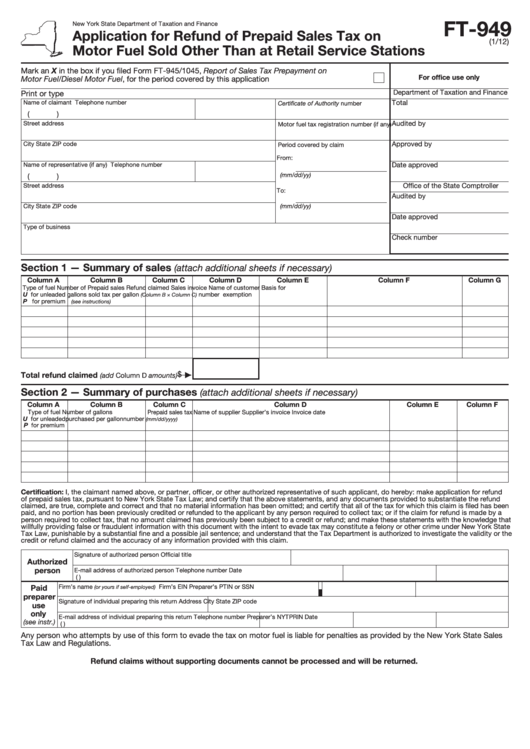 Form Ft-949 - Application For Refund Of Prepaid Sales Tax On Motor Fuel Sold Other Than At Retail Service Stations Printable pdf