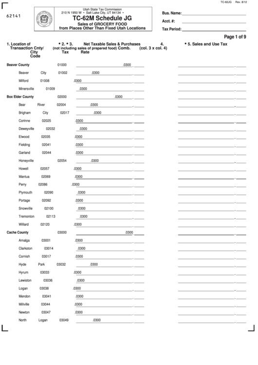 Fillable Form Tc-62m - Schedule Jg - Sales Of Grocery Food From Places Other Than Fixed Utah Locations Printable pdf