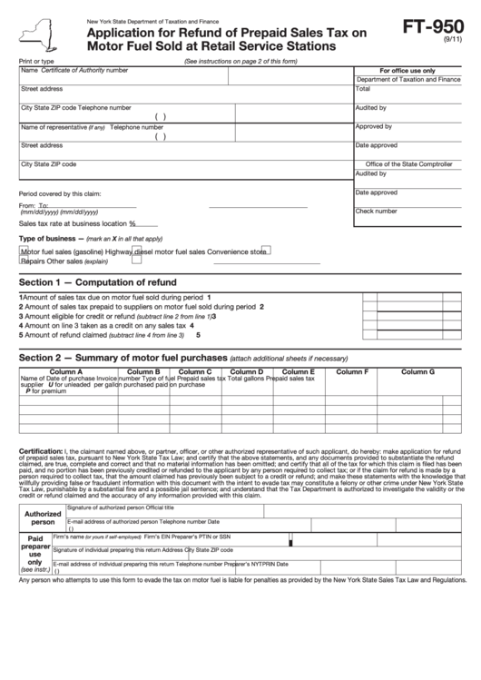 Form Ft-950 - Application For Refund Of Prepaid Sales Tax On Motor Fuel Sold At Retail Service Stations Printable pdf