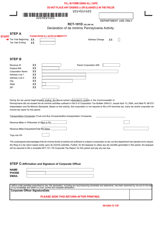 Fillable Form Rct-101d - Declaration Of De Minimis Pennsylvania Activity Printable pdf