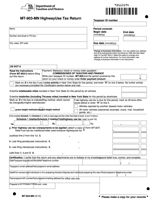 Fillable Form Mt-903-Mn - Highway Use Tax Return Printable pdf