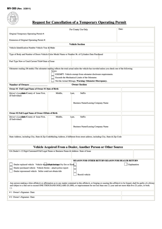 Fillable Form Mv-300 - Request For Cancellation Of A Temporary Operating Permit Printable pdf