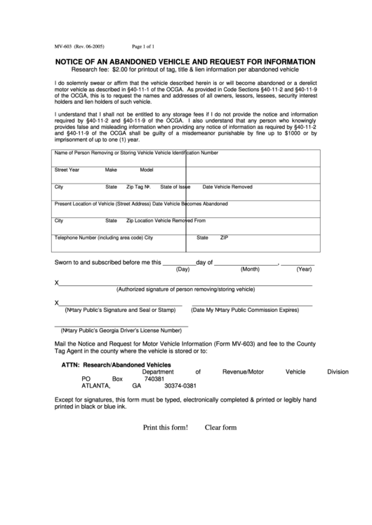 Fillable Form Mv-603 - Notice Of An Abandoned Vehicle And Request For Information Printable pdf
