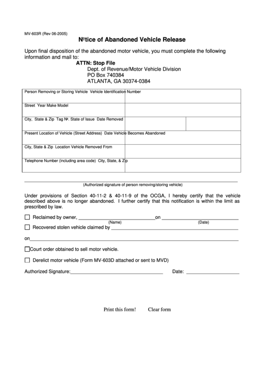 Fillable Form Mv-603r - Notice Of Abandoned Vehicle Release Printable pdf