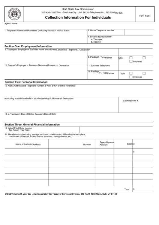 Fillable Form Tc-805 - Collection Information For Individuals Printable pdf