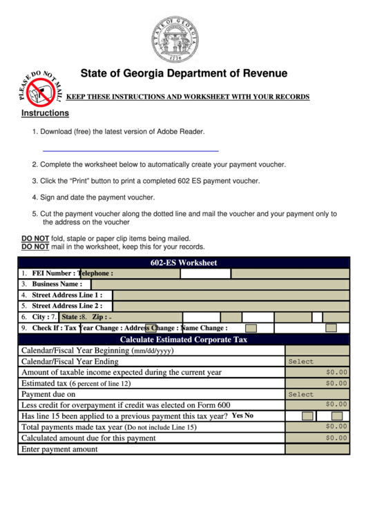 Form 602 Es - Corporate Estimated Tax - 2014 Printable pdf