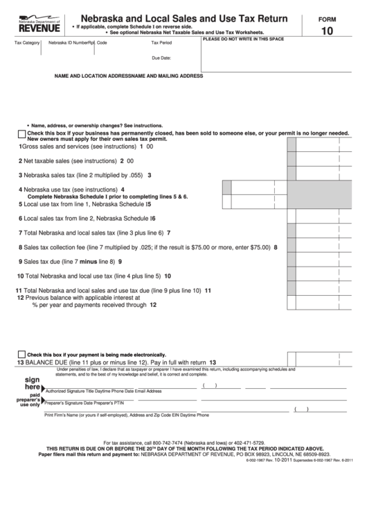 Form 10 - Nebraska And Local Sales And Use Tax Return Printable pdf