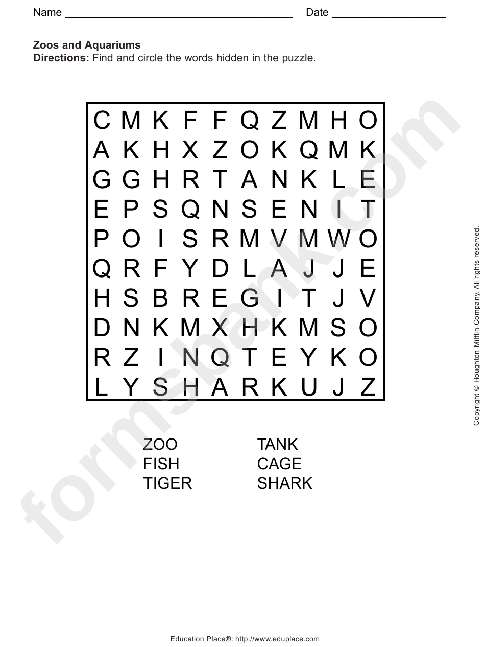 Zoos And Aquariums Word Search Puzzle Template