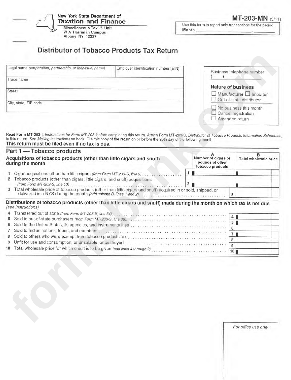 Form Mt-203-Mn - Distributor Of Tobacco Products Tax Return