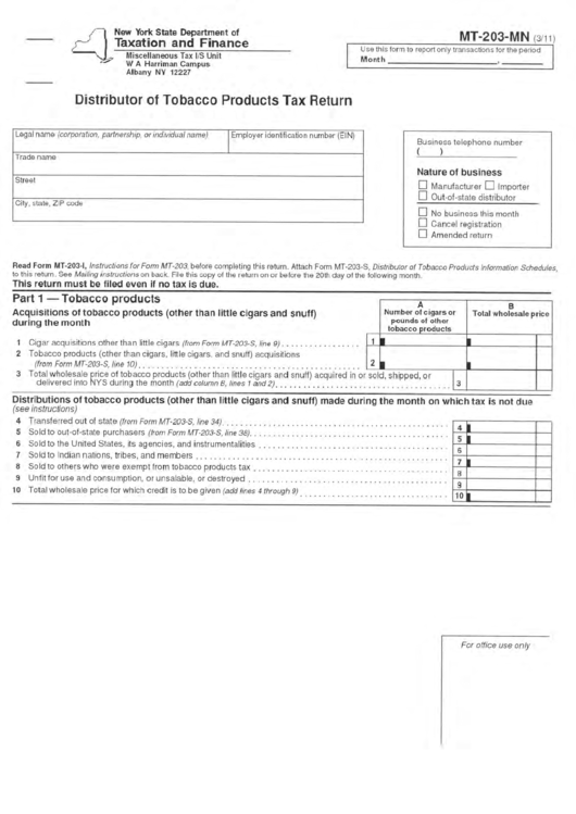 Fillable Form Mt-203-Mn - Distributor Of Tobacco Products Tax Return Printable pdf