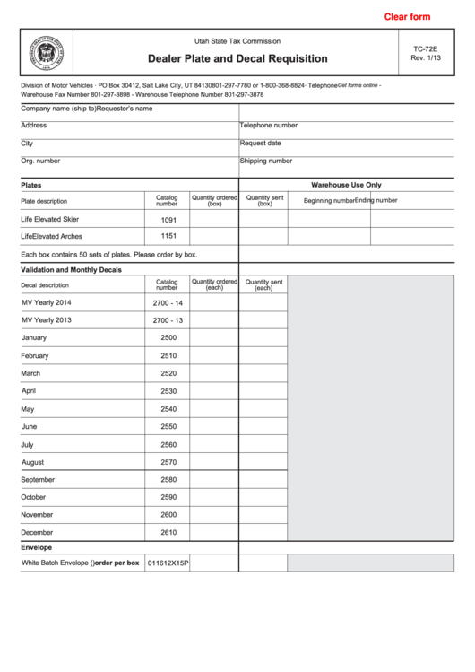 Fillable Form Tc-72e - Dealer Plate And Decal Requisition Printable pdf