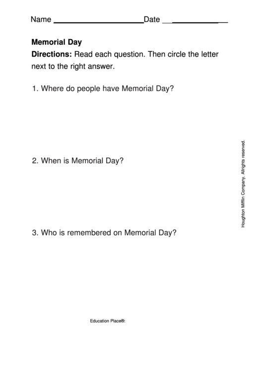 Memorial Day Quiz Template Printable pdf
