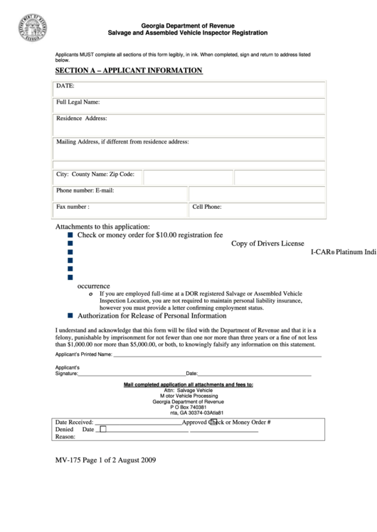 Form Mv-175 - Salvage And Assembled Vehicle Inspector Registration Printable pdf