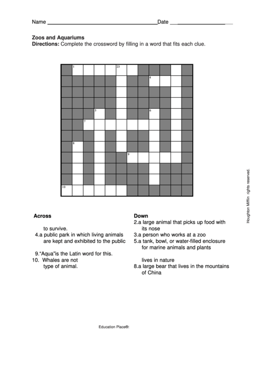 Zoos And Aquariums Crossword Puzzle Template Printable pdf