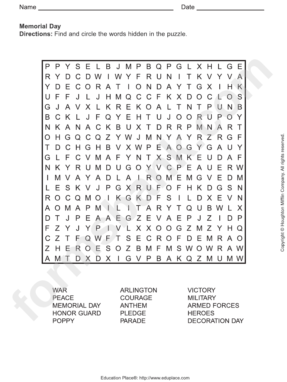 Memorial Day Word Search Puzzle Template printable pdf download