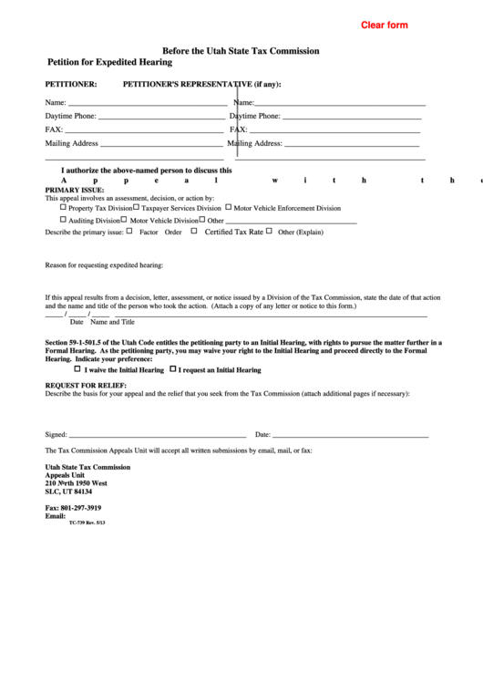 Fillable Form Tc-739 - Petition For Expedited Hearing Printable pdf