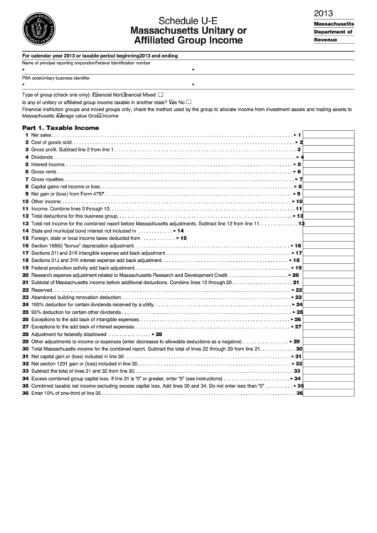Fillable Schedule U-E - Massachusetts Unitary Or Affiliated Group Income - 2013 Printable pdf