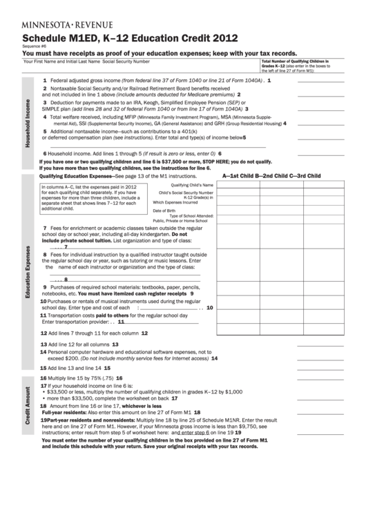 Fillable Schedule M1ed - K-12 Education Credit - 2012 Printable pdf