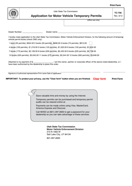 Fillable Form Tc-756 - Application For Motor Vehicle Temporary Permits Printable pdf
