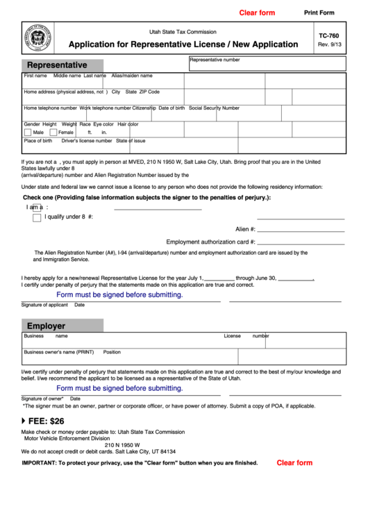 Fillable Form Tc-760 - Application For Representative License / New Application Printable pdf