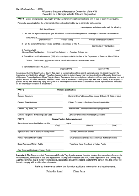 Fillable Form Mv-18e Affidavit - Affidavit To Support A Request For Correction Of The Vin Recorded On A Georgia Vehicle Title And Registration Printable pdf
