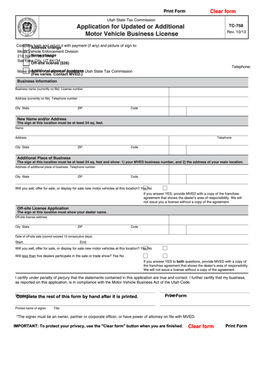 Fillable Form Tc-758 - Application For Updated Or Additional Motor Vehicle Business License Printable pdf