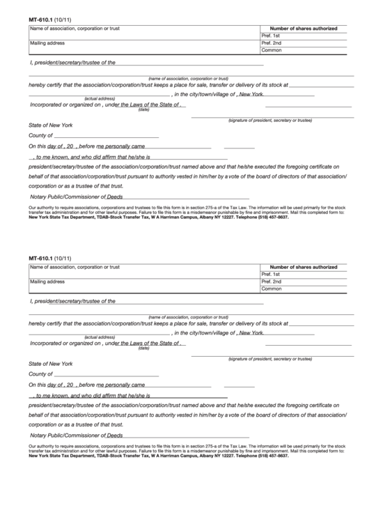 Fillable Form Mt-610.1 - Certification Of Place Of Sale Of Stock Printable pdf