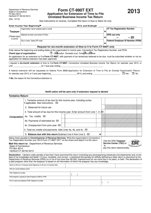 Form Ct-990t Ext - Application For Extension Of Time To File Unrelated Business Income Tax Return - 2013 Printable pdf